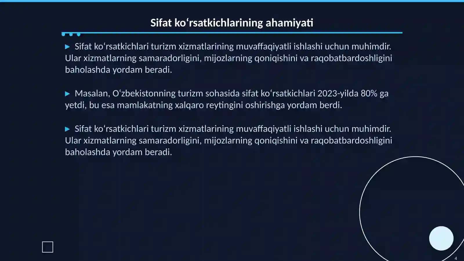 Turizm xizmatlarida sifat ko‘rsatkichlarini aniqlash mezonlari 4