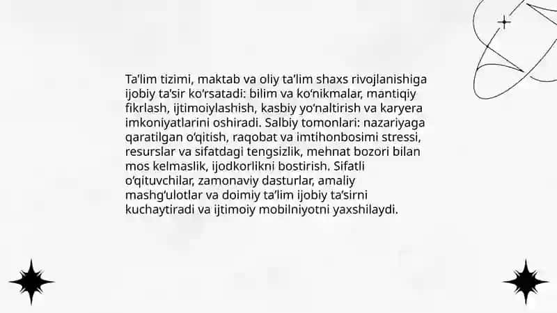 Shaxsning rivojlanishi uchun ta'sir etuvchi salbiy va ijobiy omillar 4