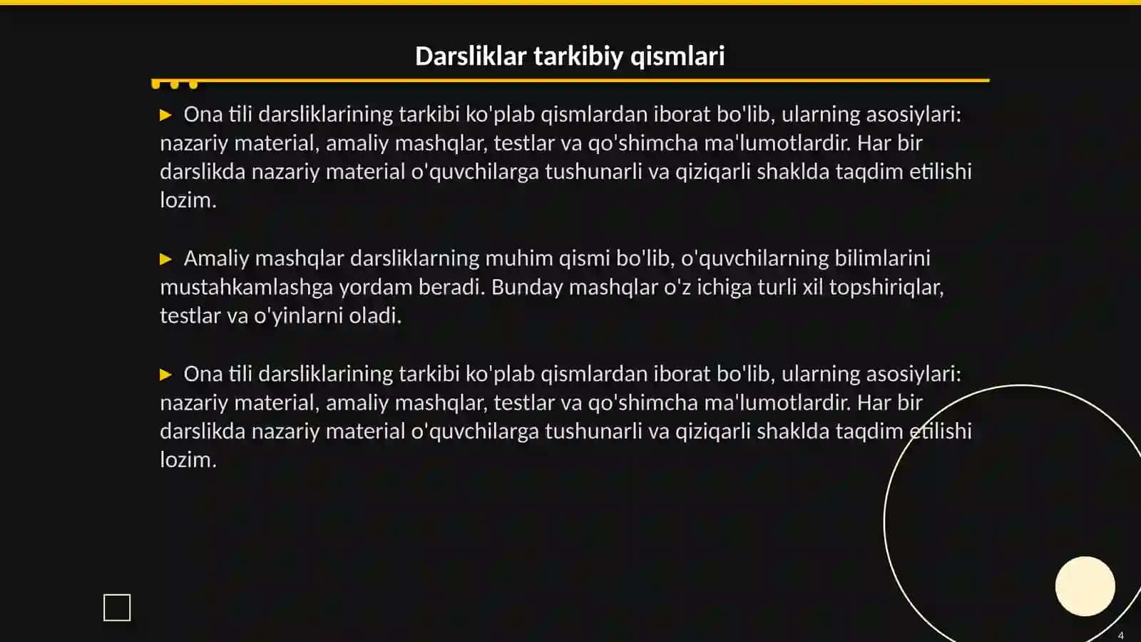 Ona tili darsliklarning tarkibi va mazmuni darstiklar ustida ishlash 4