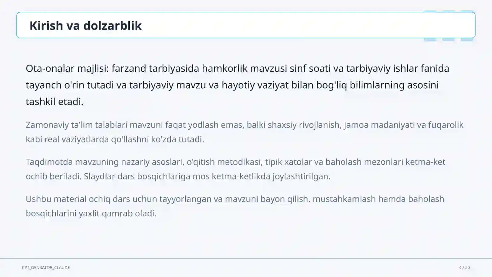 Sinf soati va tarbiyaviy tadbirlar (1–11) 4
