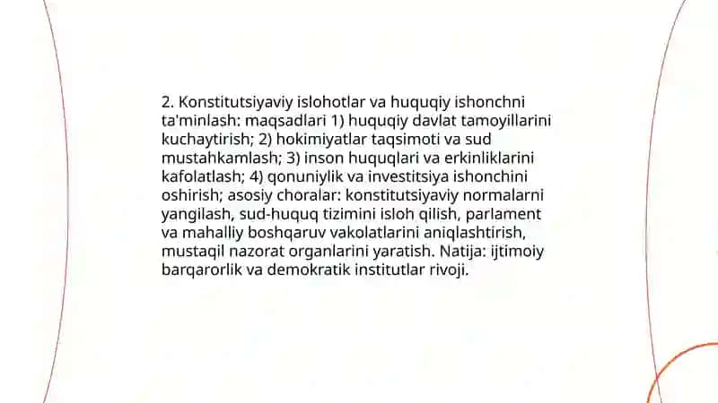 O'zbekistonda demokratik, fuqarolik jamiyati asoslarining shakllanishi, amalga oshirilayotgan siyosiy islohotlar 4