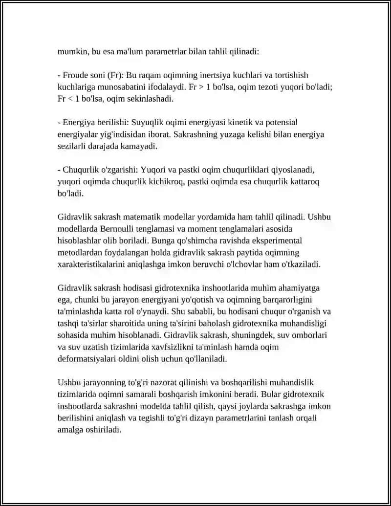 GIDRAVLIK SAKRASH HODISASI VA PASTKI BEFDAGI OQIMNING GIDRAVLIK ELEMENTLARINI ANIQLASH 4