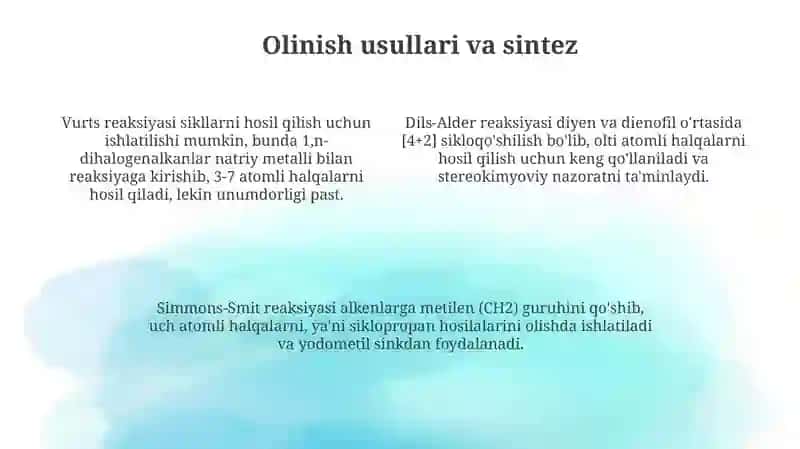 Toʻyingan va toʻyinmagan karbotsiklik uglevodorodlarning olinishi va tuzilishi 4