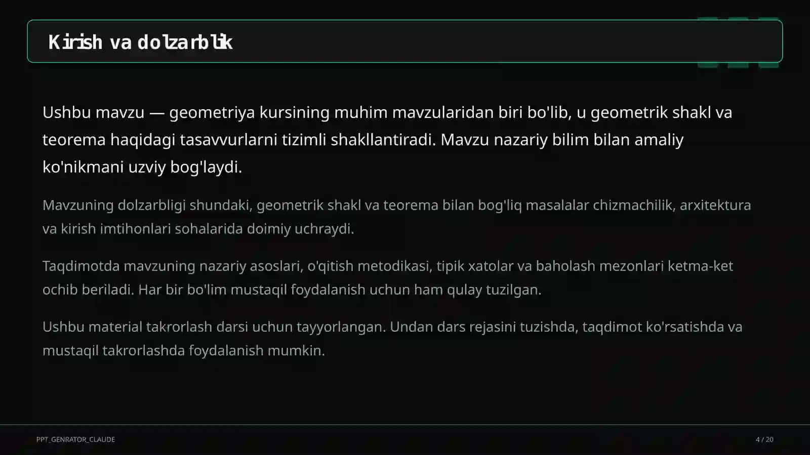 Geometriya (7–11) — takrorlash darsi uchun 4