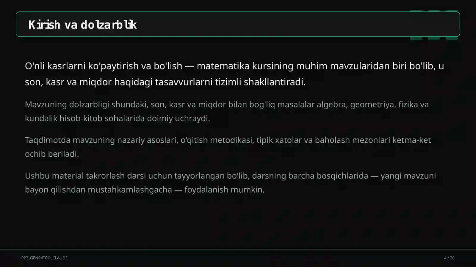 O'nli kasrlarni ko'paytirish va bo'lish (5-sinf) 4