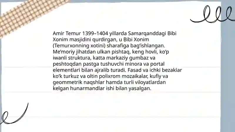 Amir Temur hukmronligi davrida bunyodkorlik ishlari 4