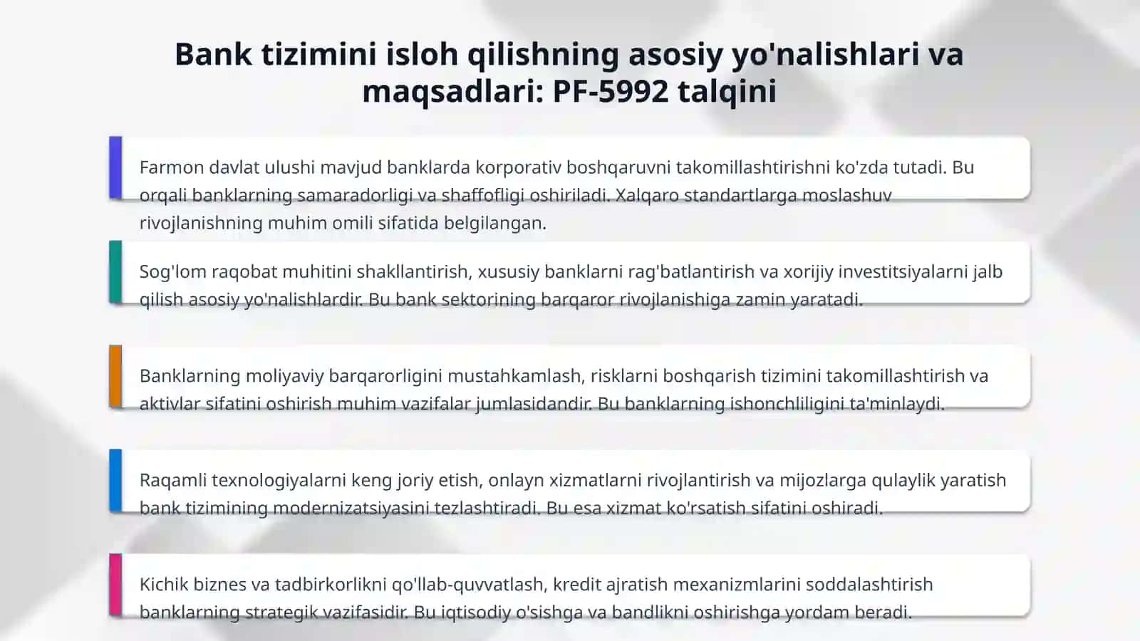 O'zbekiston Respublikasi prezidenti Mirziyoev .Sh.m.ning 2020 -2025 yillarga mo'ljallangan O'zbekiston Respublikasi bank tizimini isloh qilish strаtegiyasi toʼgʼrisidаgi 12.05.2020 yildagi pf-5992 sonli farmoni boʼyicha vazifalar 4