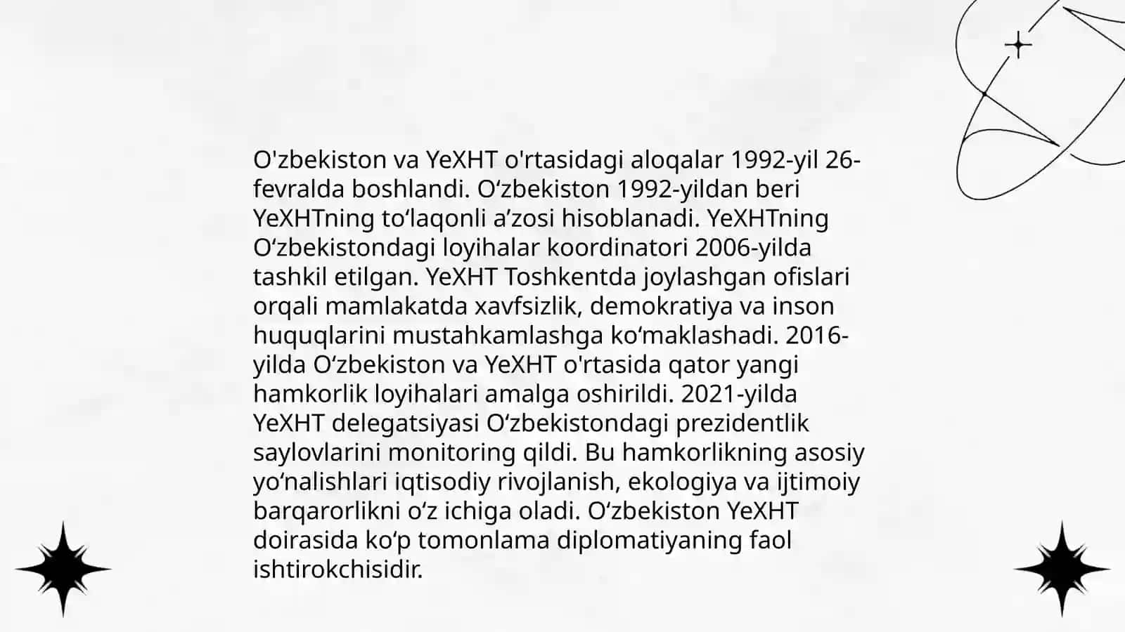 O'ZBEKISTONNING XALQORO TASHKILOTLAR BILAN HAMKORLIK ALOQALARI MAVZUSIDA PREZINTATSIYA TUXTASINOVA OZODA 4