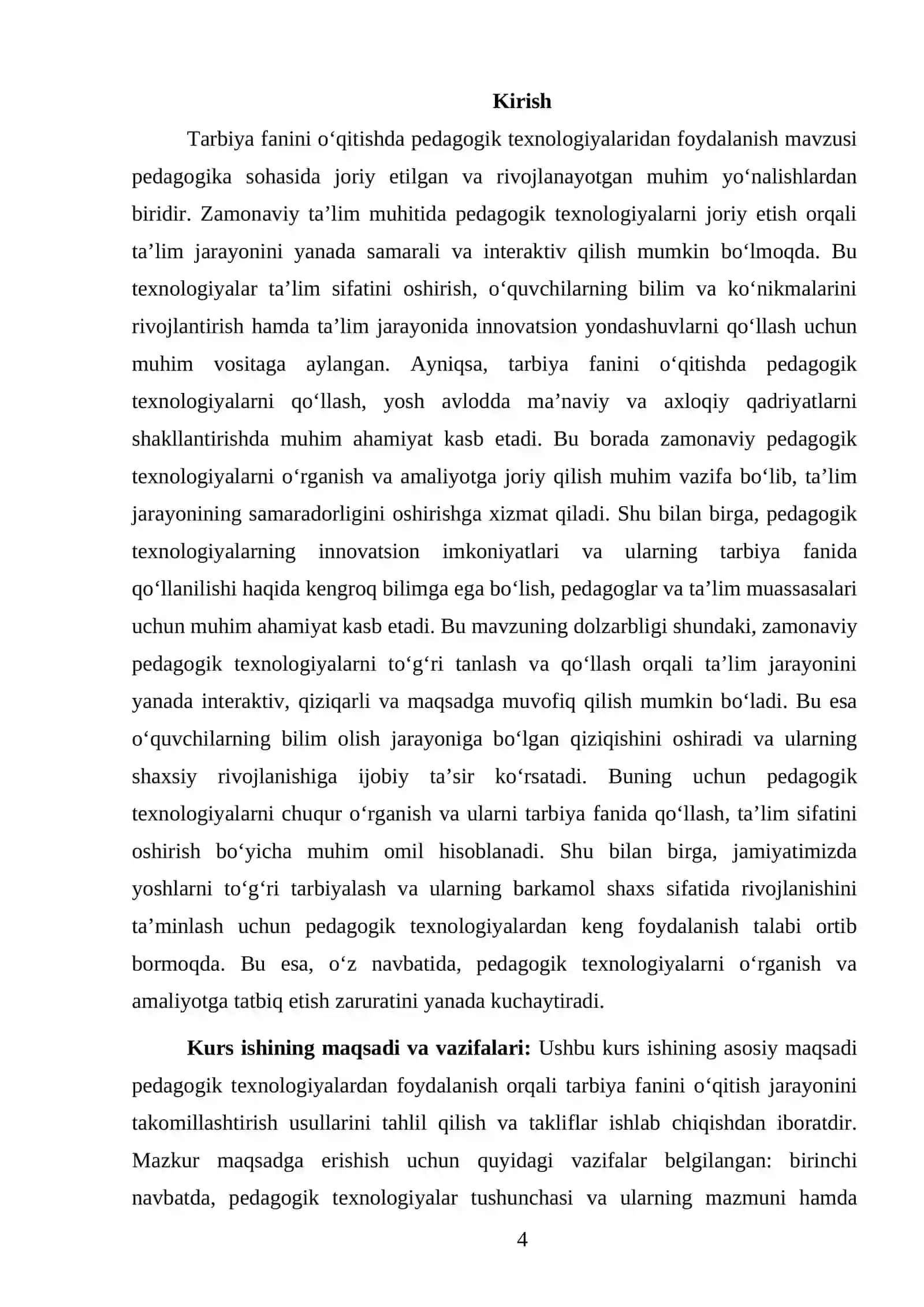 Tarbiya fanini o‘qitishda pedagogik texnologiyalaridan foydalanish KURS ISHI 4