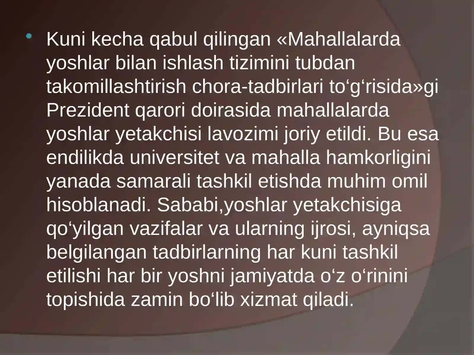 Mahallalarda yoshlar bilan ishlash tizimini tubdan takomillashtirish chora-tadbirlari to‘g‘risida 4