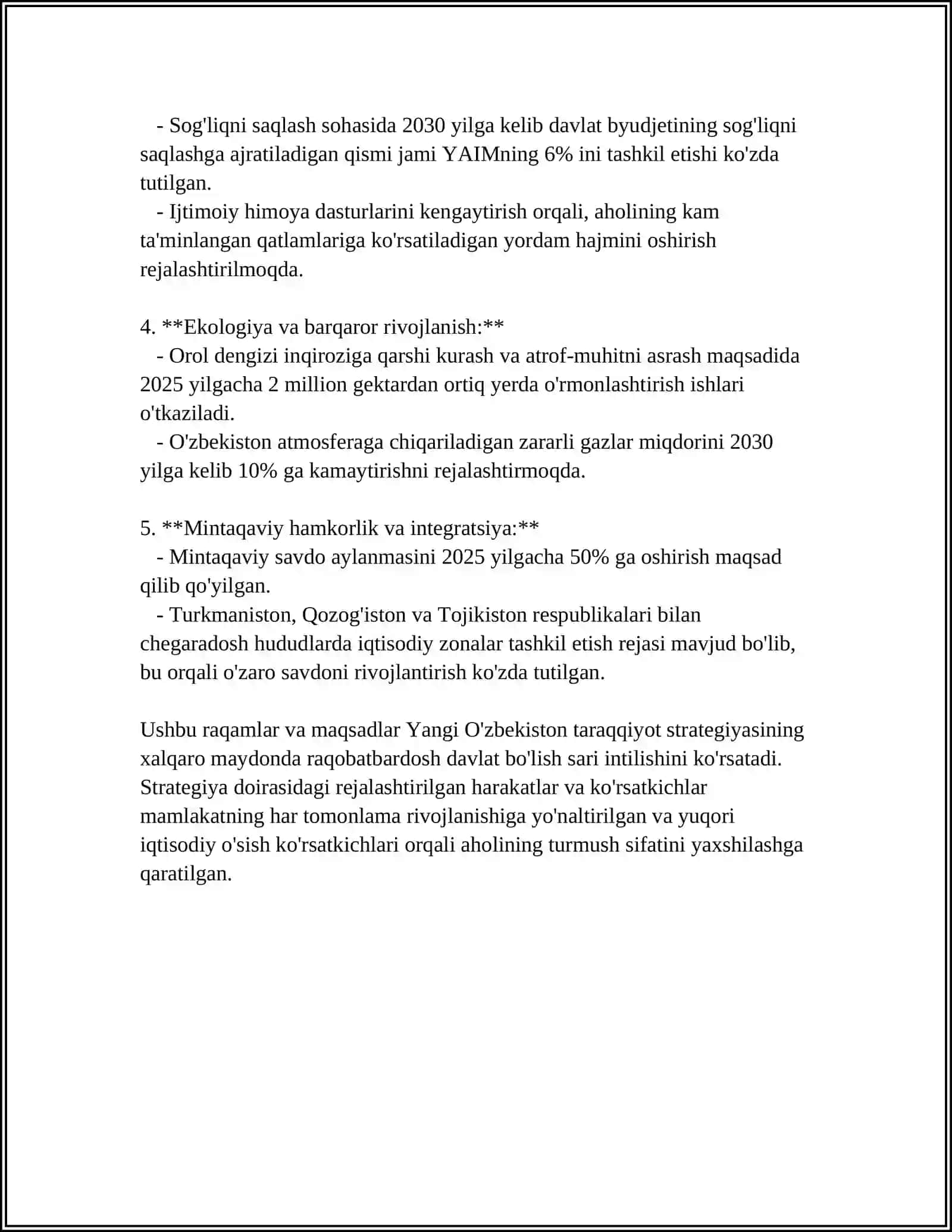 REFERAT Mavzu: O'ZBEKISTON RESPUBLIKASI PREZIDENTI SH.MIRZIYOYEVNING "YANGI O'ZBEKISTON TARAQQIYOT STRATEGIYASI" KITOBIDA RIVOJLANISH MODELI VA UCHINCHI RENESSANS TUSHUNCHALARI ESSE YOZISH 4