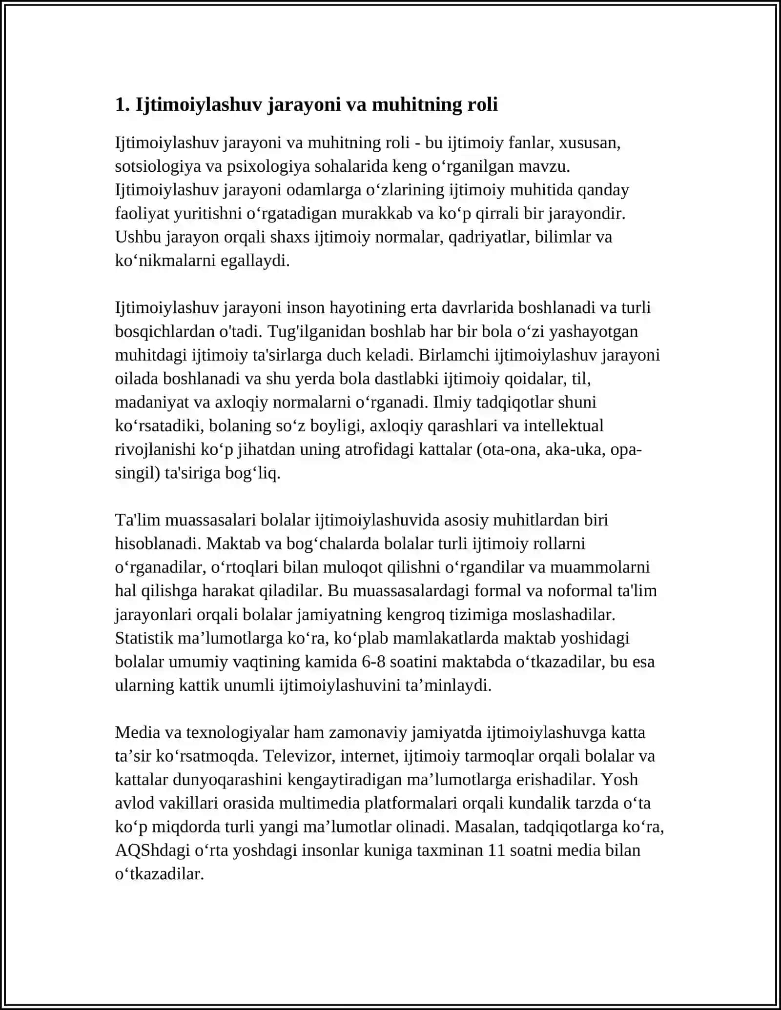 IJTIMOIYLASHUVDA MUHITNING ÕRNI MAVZUSIDA MUSTAQIL ISH 4