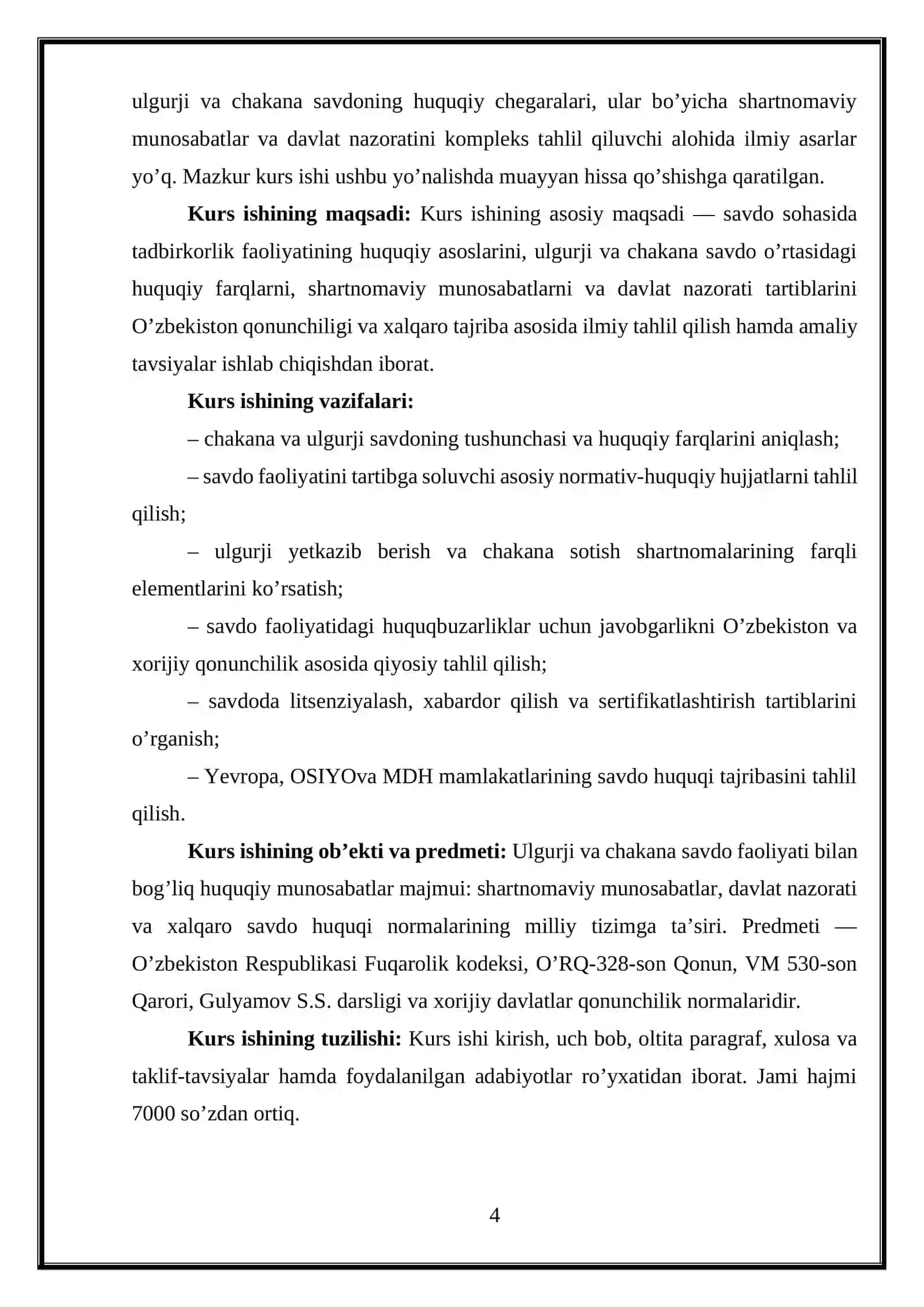 SAVDO SOHASIDA TADBIRKORLIK FAOLIYATI (CHAKANA VA ULGURJI SAVDO, AYRIM OMMAVIY HUQUQIY TARTIBLAR) 4