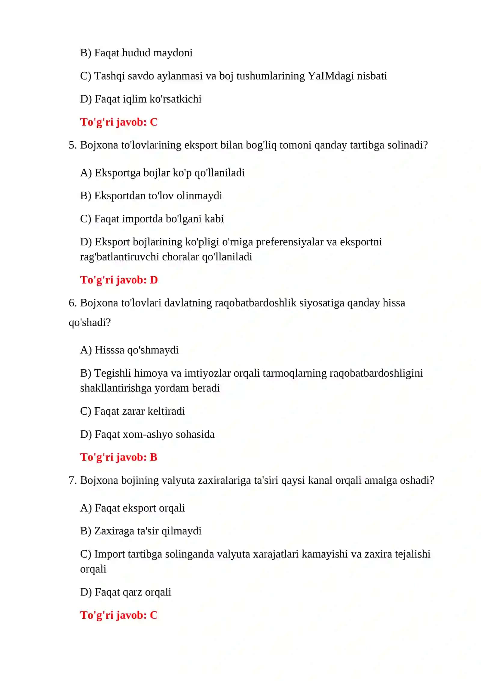 BOJXONA IQTISODIYOTI TEST SAVOLLARI 4