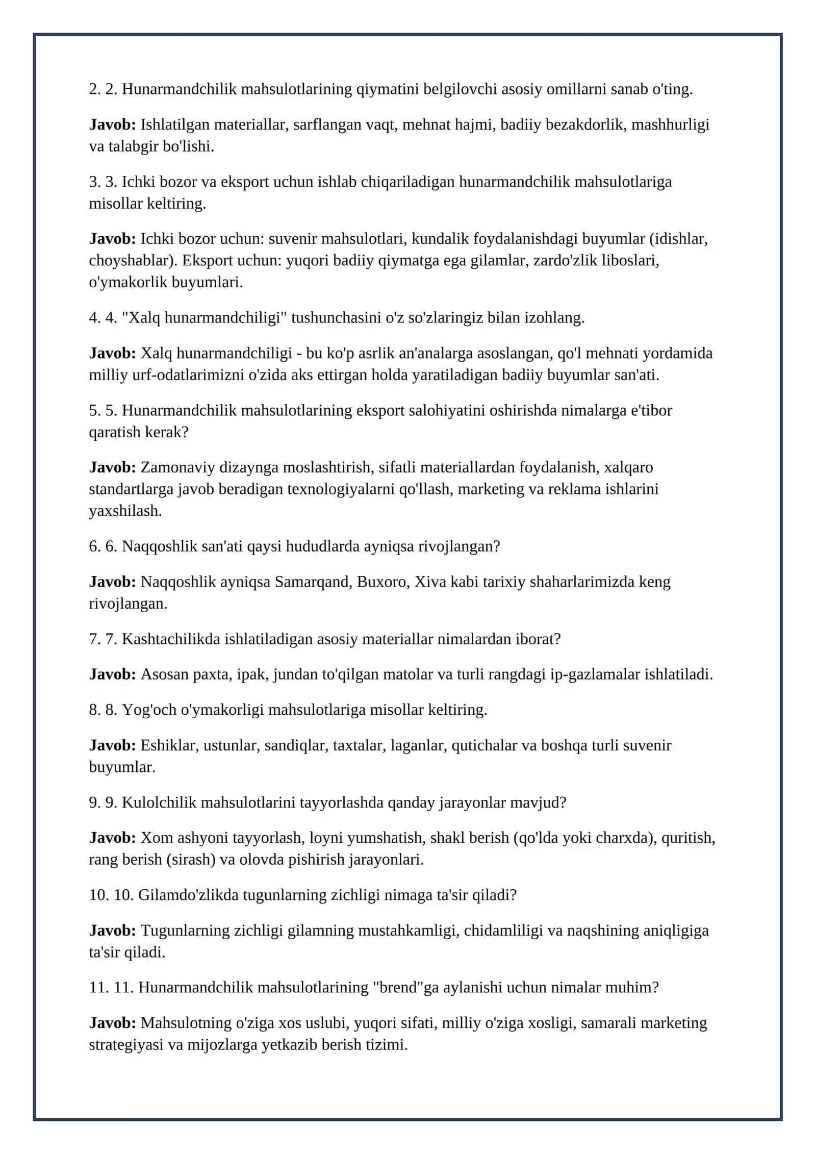 Lesson on texnalogiya: xalq hunarmandlari tamonidan exsportva ichki bozor uchun ishlab chiqarilayotgan mahsulotlar,9-sinf, umumiy orta talim 4