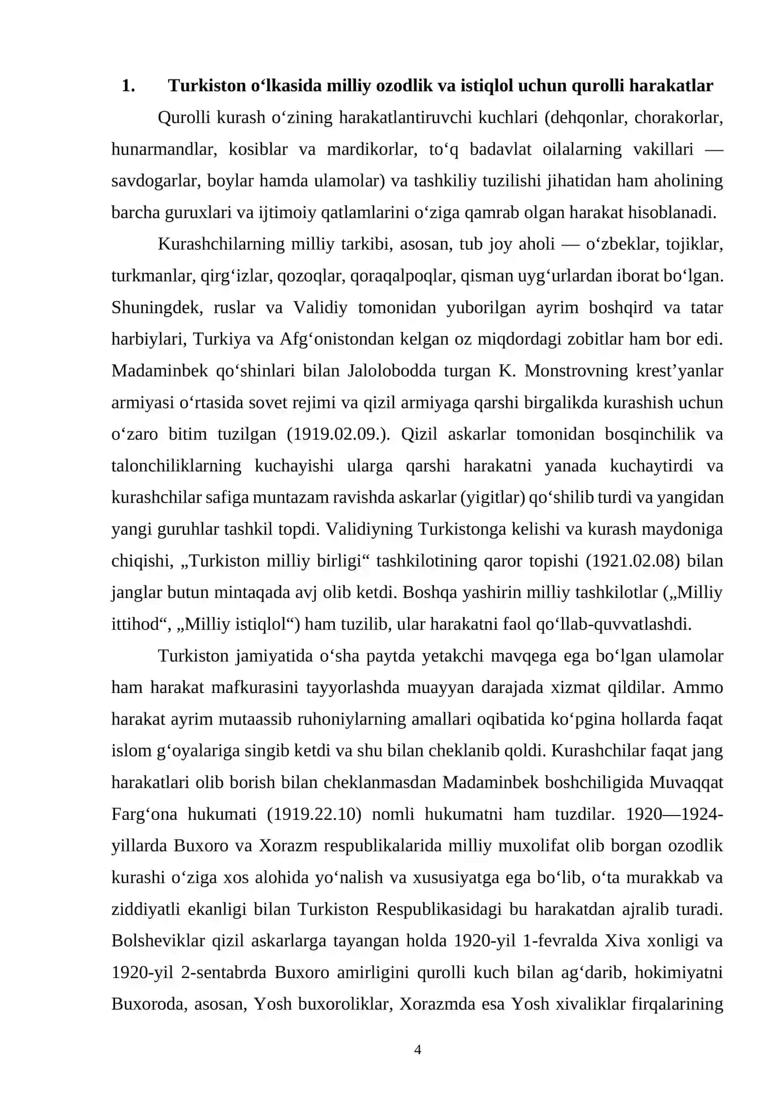 Turkiston o‘lkasida milliy ozodlik va istiqlol uchun qurolli harakatning boshlanish sabablari, kuchlari va bosqichlari 4