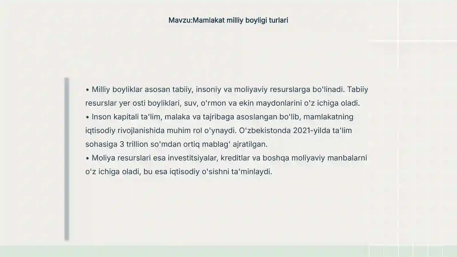 Mamlakat milliy boyligi uning tarkibi va oʻsish manbalari 4