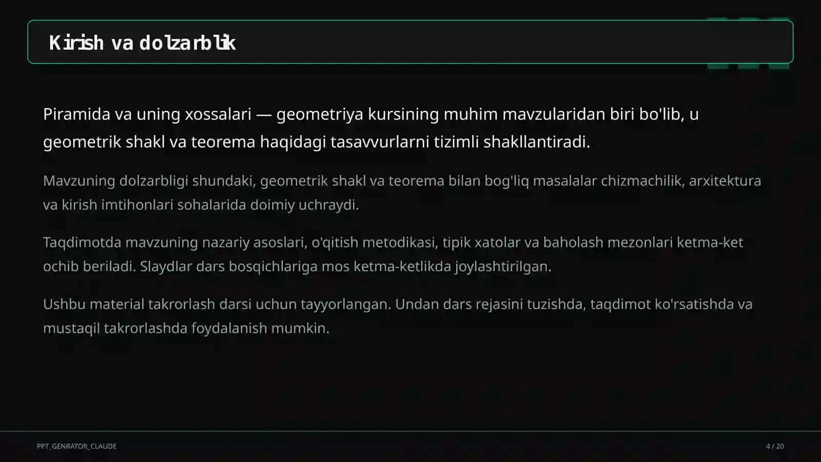 Piramida va uning xossalari (10-sinf) 4