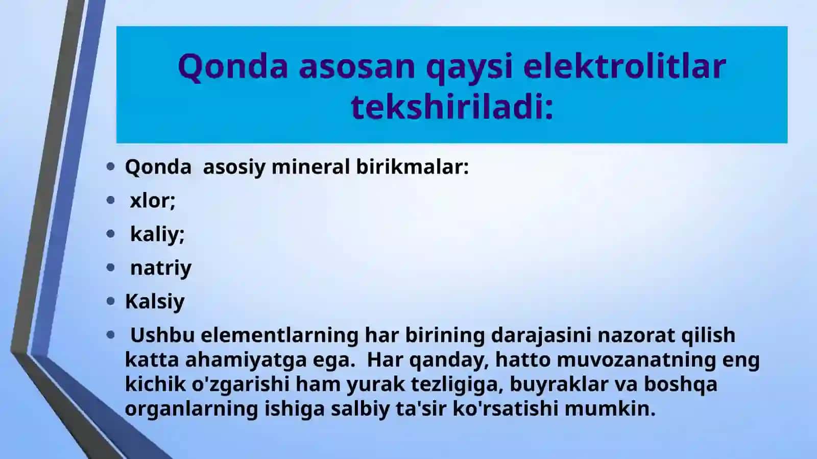 Suv va elektrolitlar buzilishi uchun biokimyoviy qon testining natijalari 4
