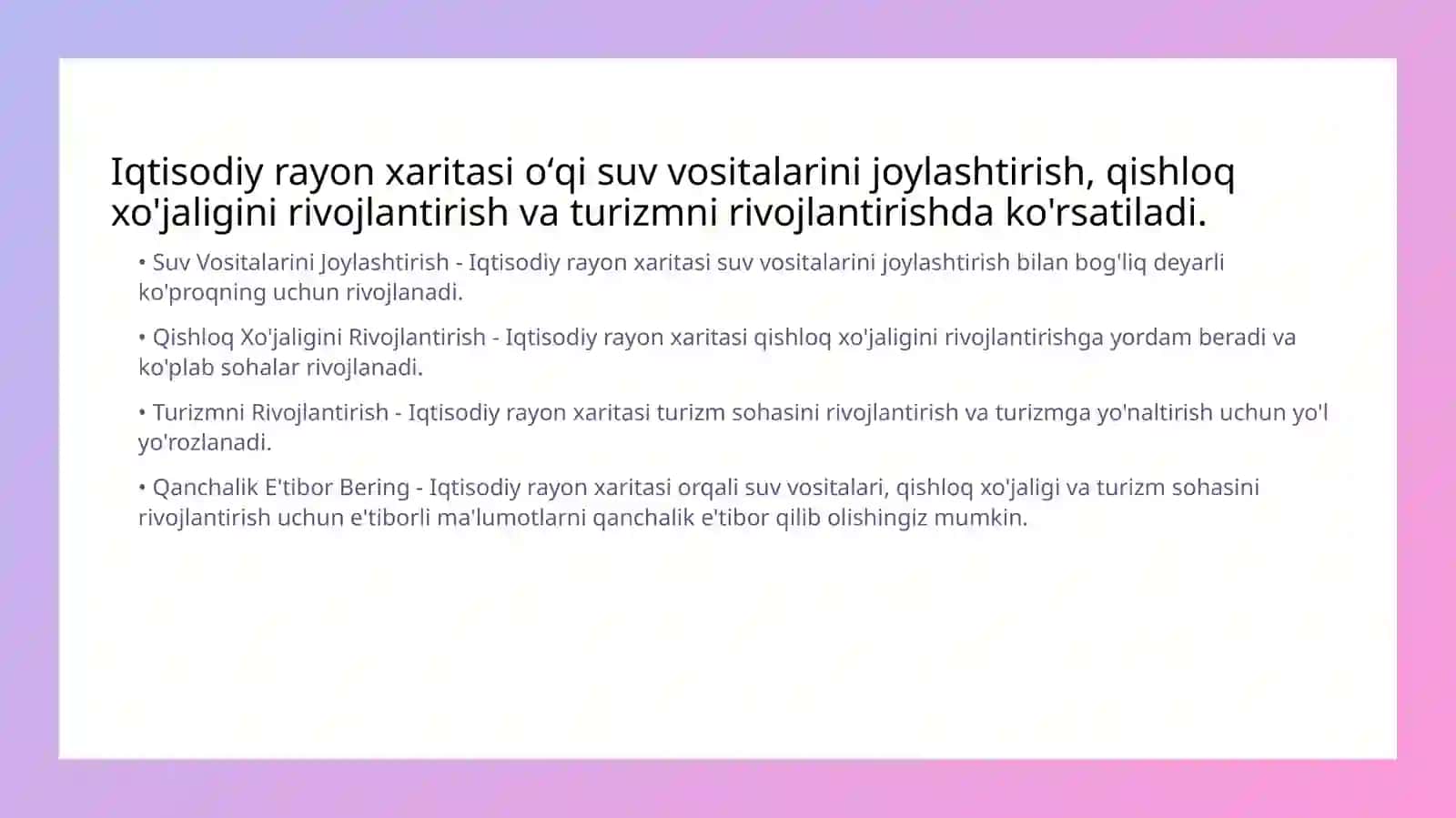 Iqtisodiy geografiyaning asosiy tushunchalari geografik mehnat taqsimoti, geografik oʻrin, iqtisodiy rayon 4