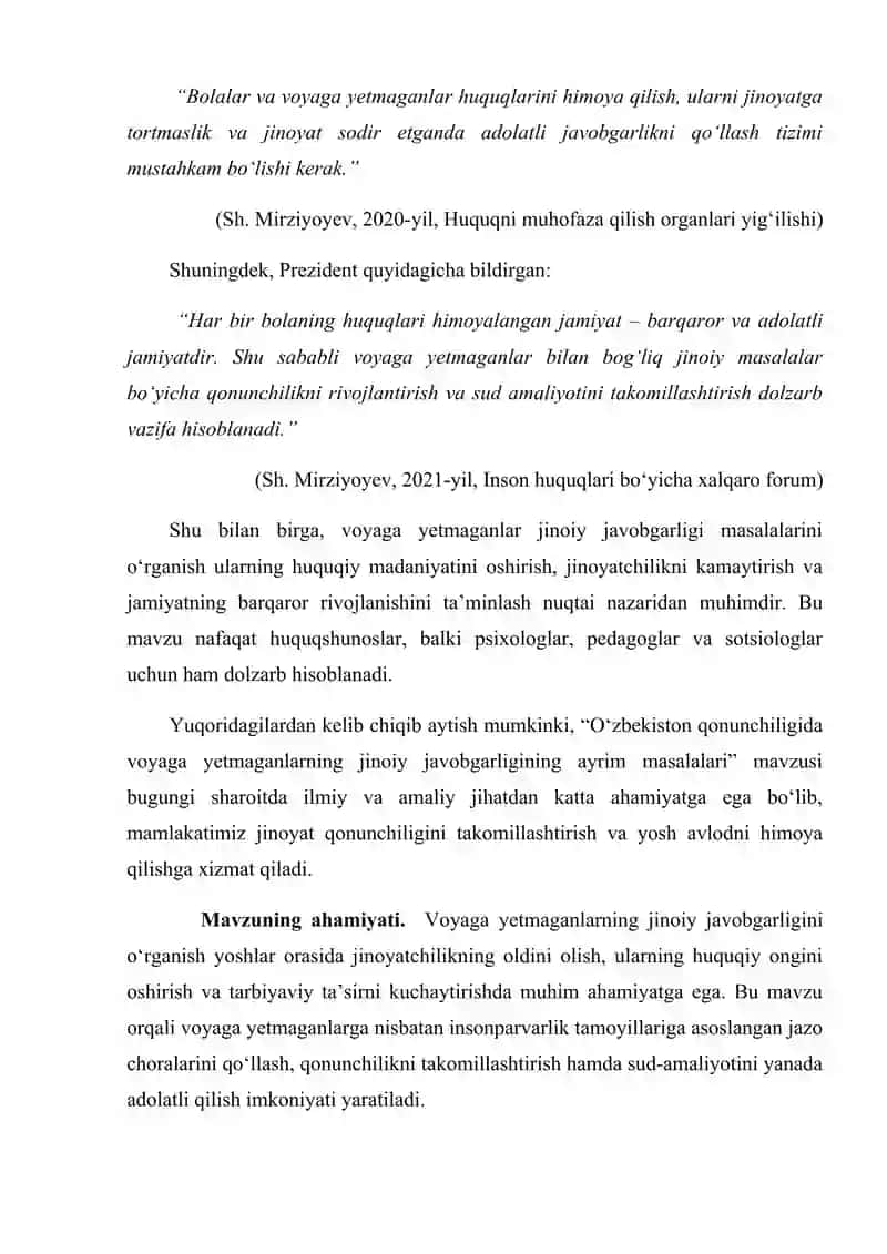 "O‘zbekiston qonunchiligida voyaga yetmaganlarning jinoiy javobgarligining ayrim masalalari" KURS ISHI 4