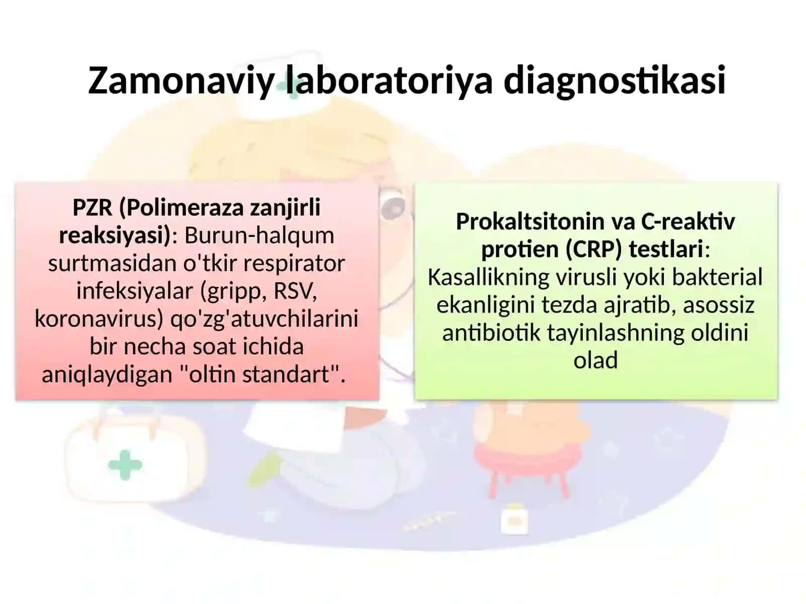 Bolalaming nafas a'zolari. yurak- qon tomir tizimi, oshqozon- ichak kasalliklari, buyrak, qon kasalliklari, allergik kasalliklarda zamonaviy tashxis qo'yish usullarini, davolashning zamonaviy usullarmi, profilaktik chora- tadbirlanni amalga oshirishni o'rganish 4