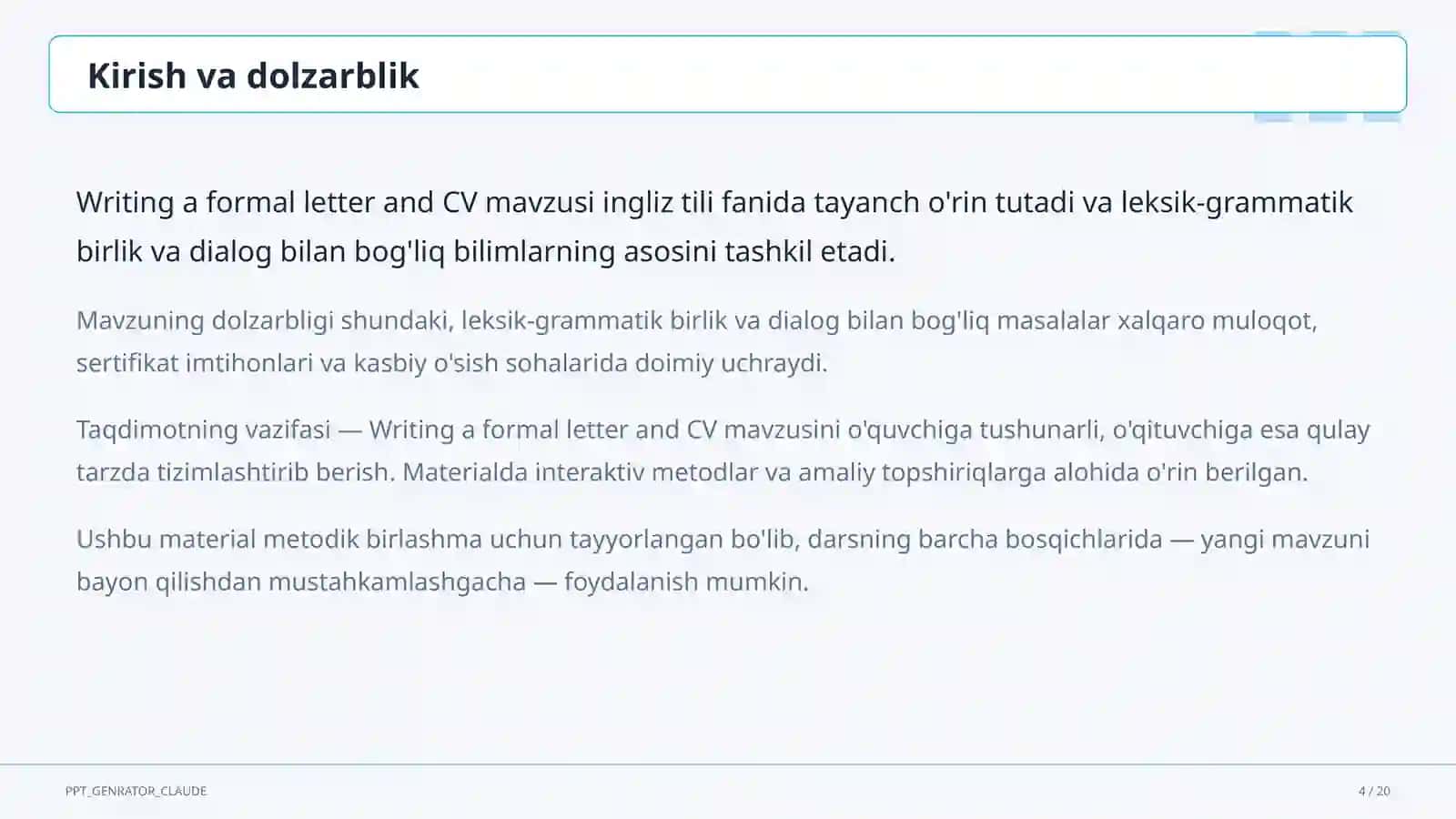 "Writing a formal letter and CV (10-sinf)" 4