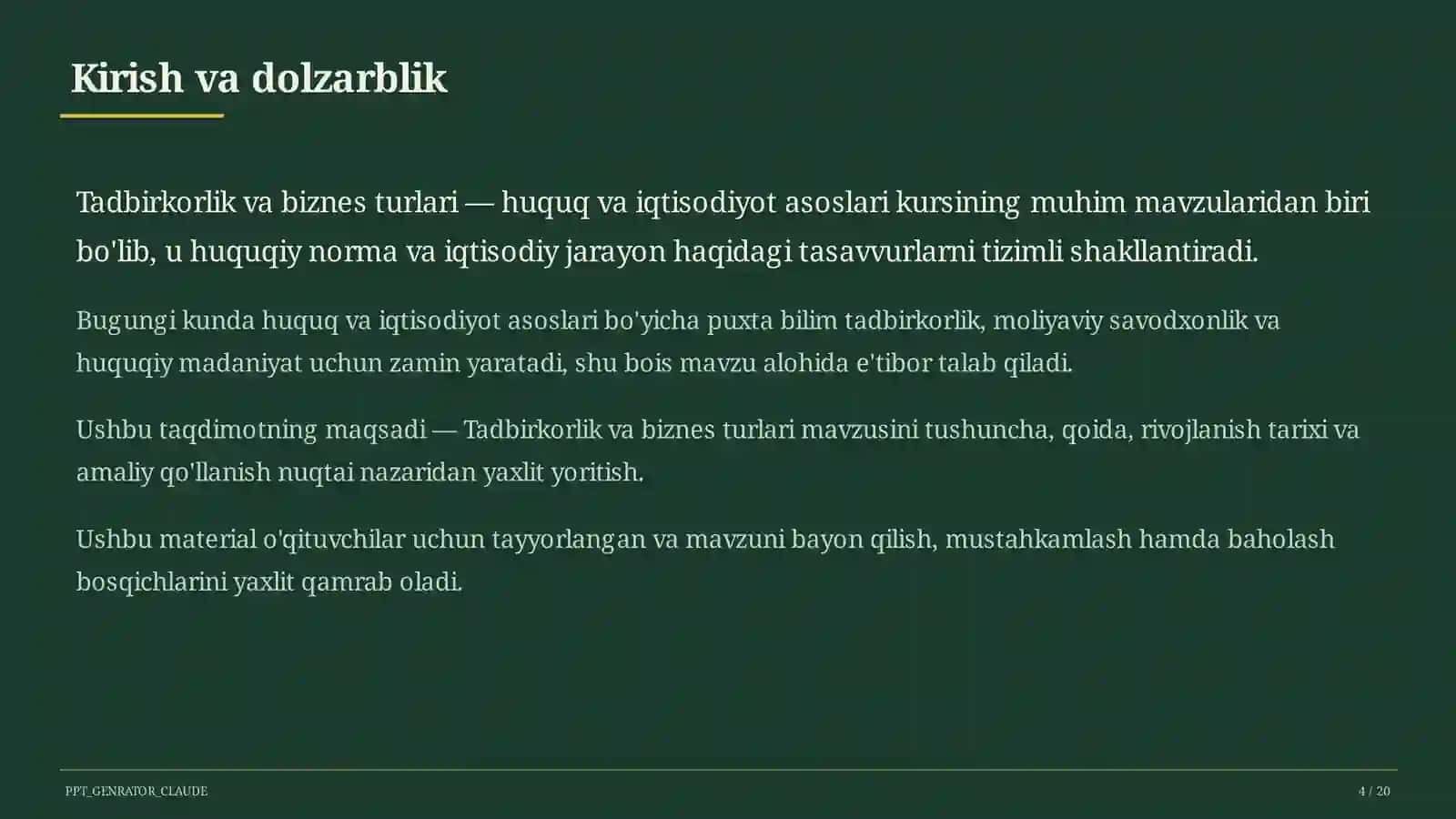 Huquq va iqtisodiyot asoslari (9–11) — o'qituvchilar uchun 4