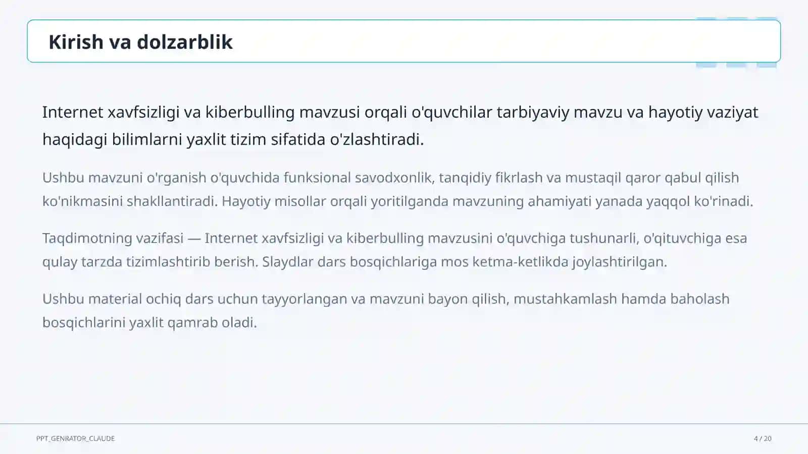 Sinf soati va tarbiyaviy tadbirlar (1–11) — ochiq dars uchun 4