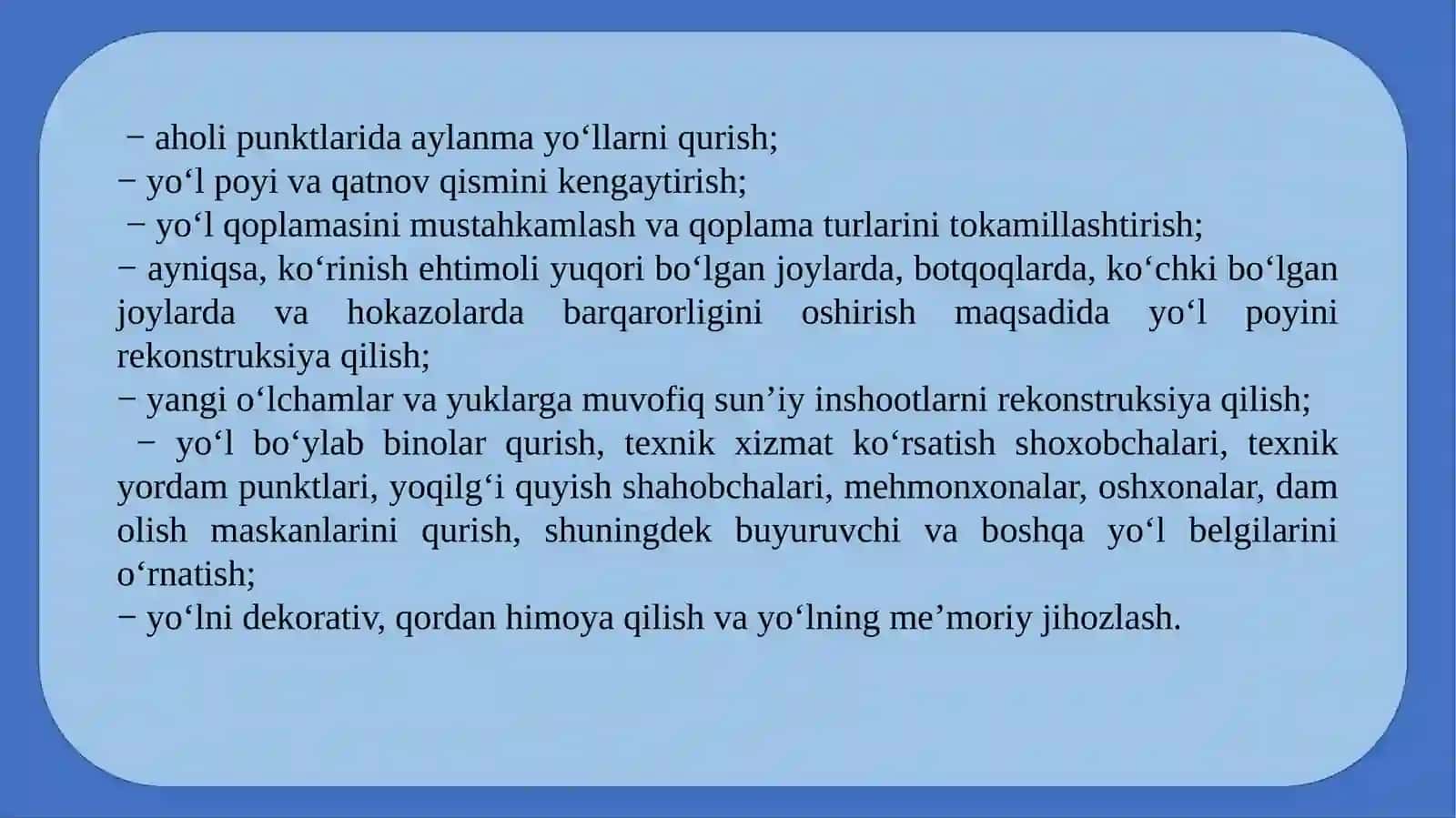 Mavjud avtomobil yo`lining yo`l poyi va yo`l to`shamasini rekonstruktsiya qilish 4