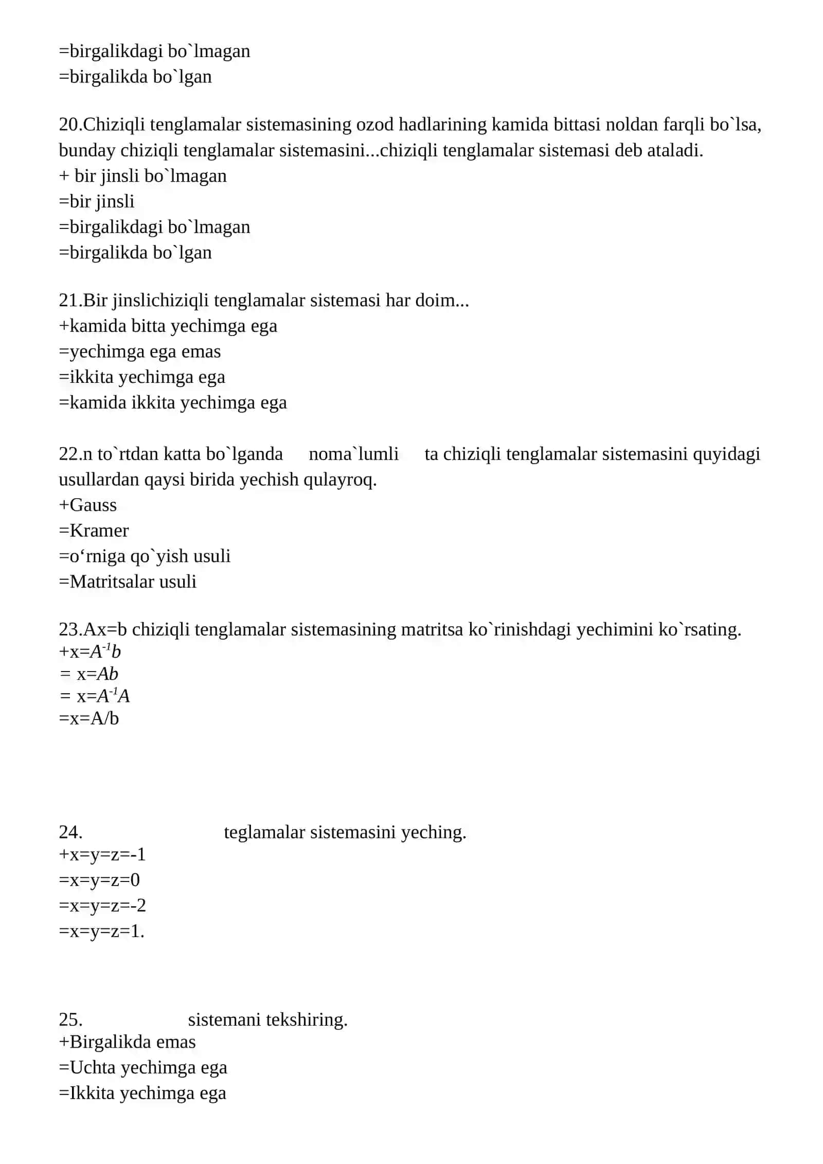 Matritsalar va determinantlar test savollari 4