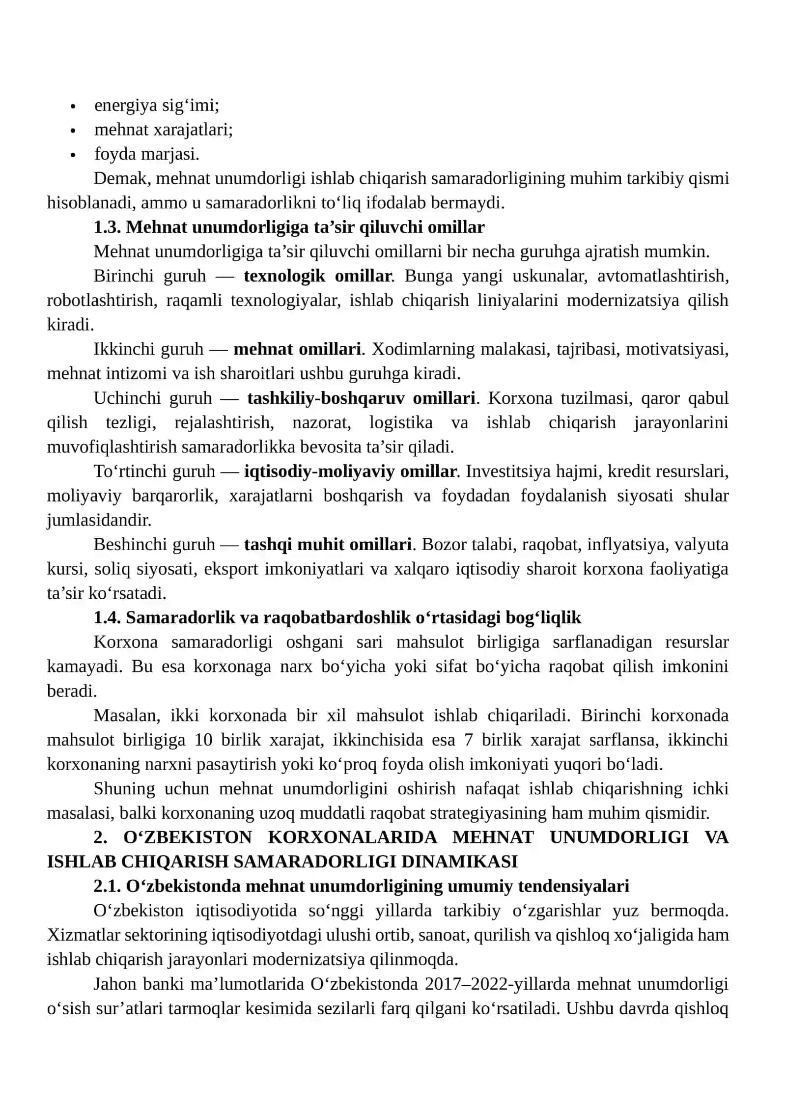 Korxonalarida mehnat unumdorligi va ishlab chiqarish samaradorligi dinamikasi 4
