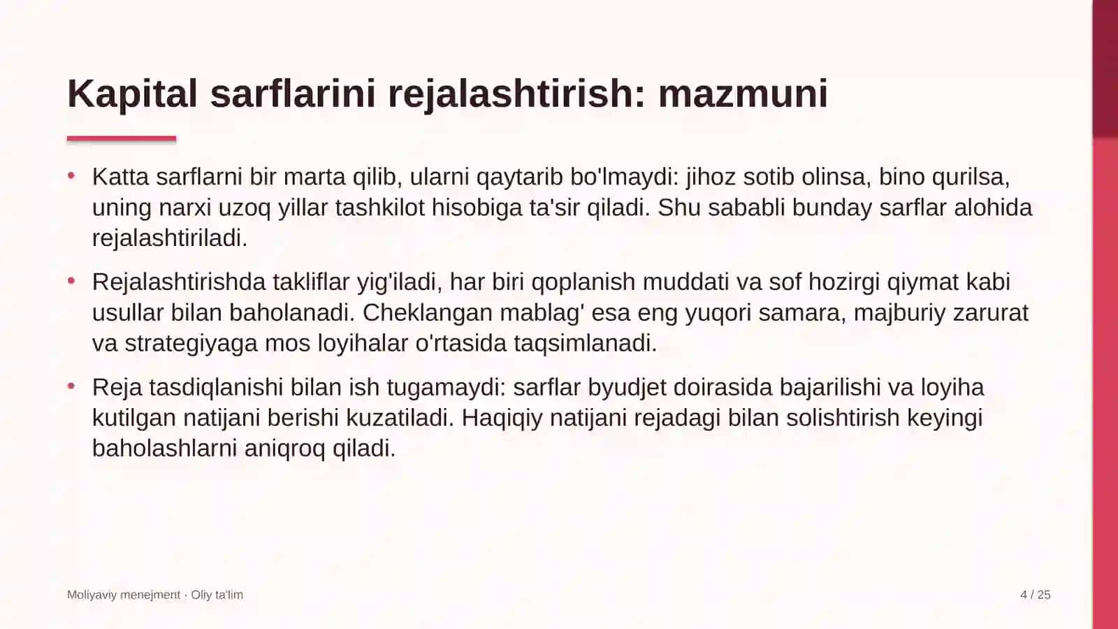 Chegara oldi savdosida kapital sarflarini rejalashtirish 4
