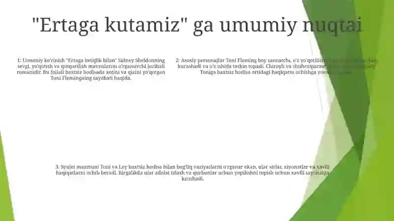Sidney Sheldonning ʼʼOrziqib Kutaman Ertaniʼʼ Romani BoʻYicha Taqdimot 4