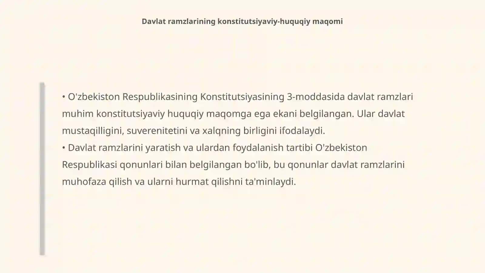 O`zbekiston respublikasining davlat ramzlari: konstitutsiyaviy-huquqiy maqomi va ulardan foydalanish tartibi 4