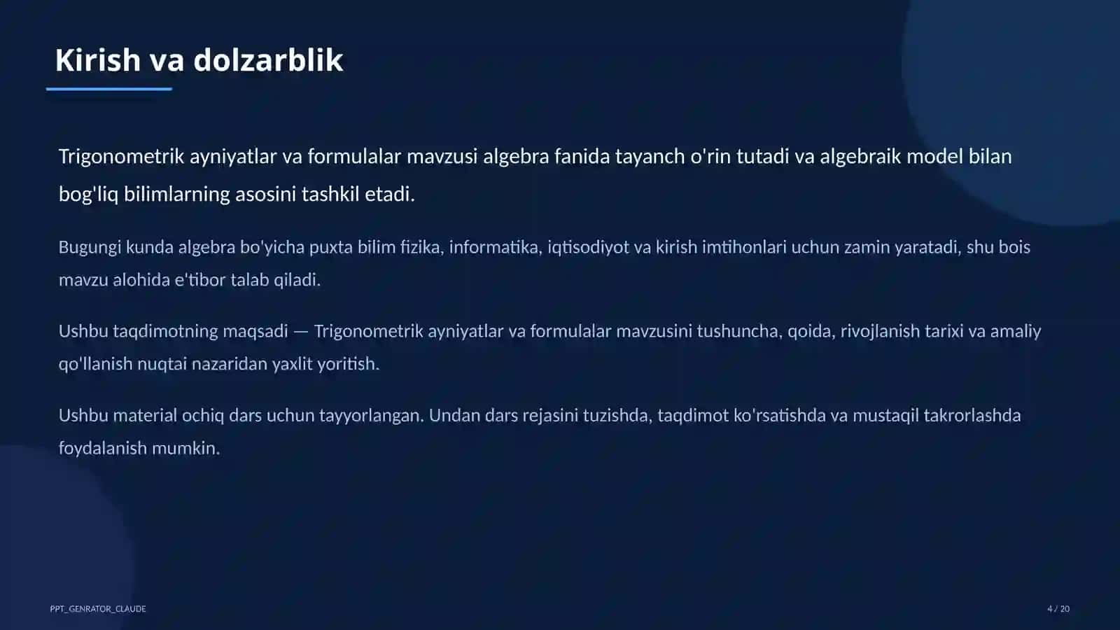 Trigonometrik ayniyatlar va formulalar (10-sinf) 4