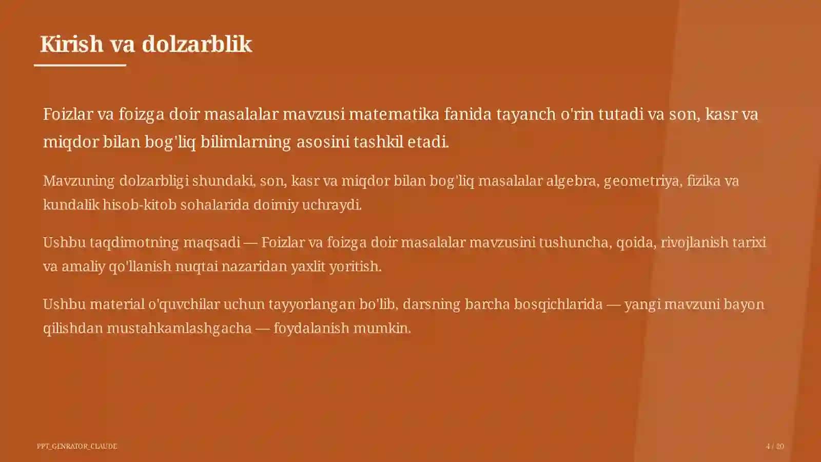 Foizlar va foizga doir masalalar (5-sinf) 4