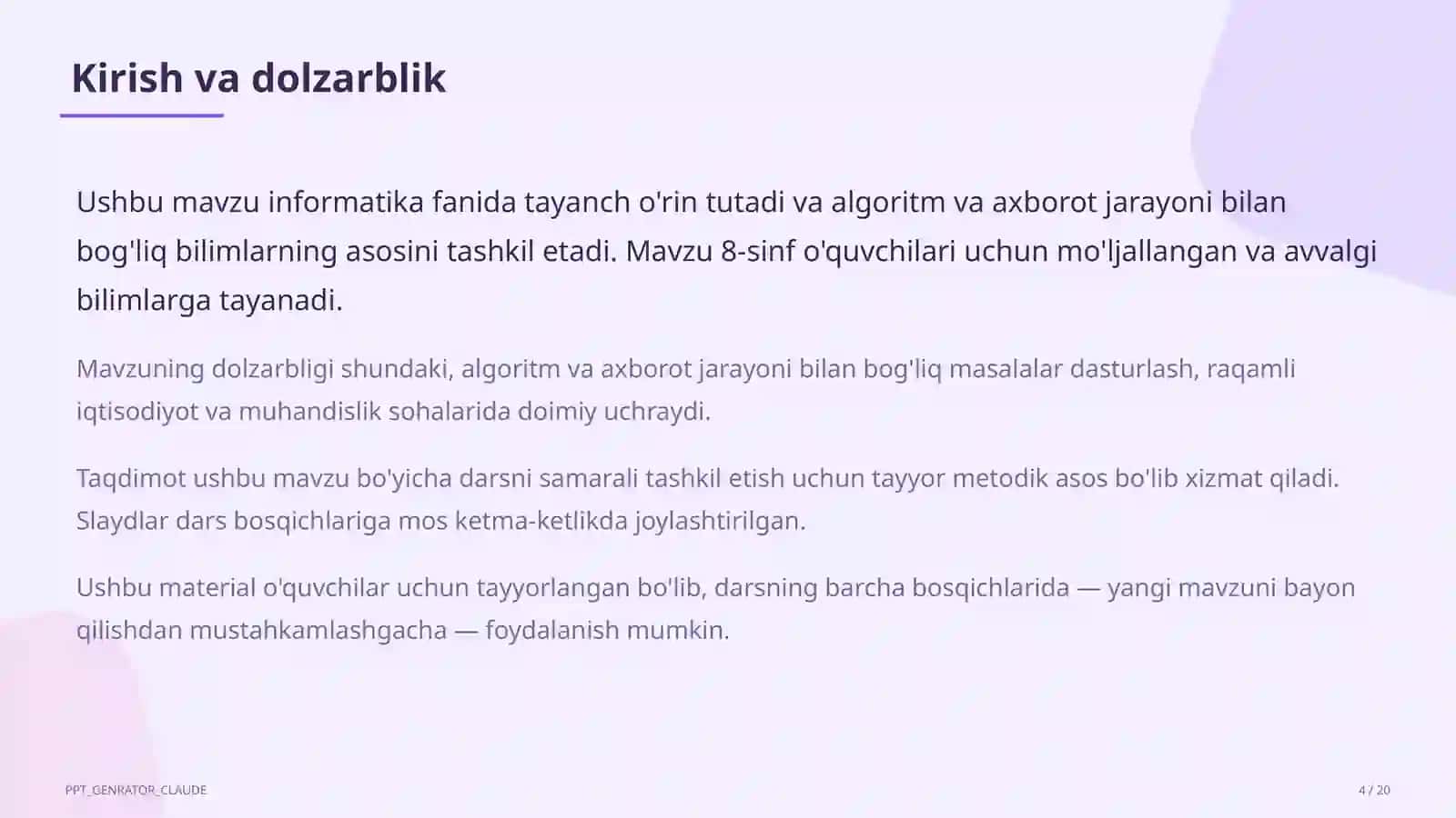 Algoritmlarning turlari: chiziqli, tarmoqlanuvchi, takrorlanuvchi (8-sinf) 4
