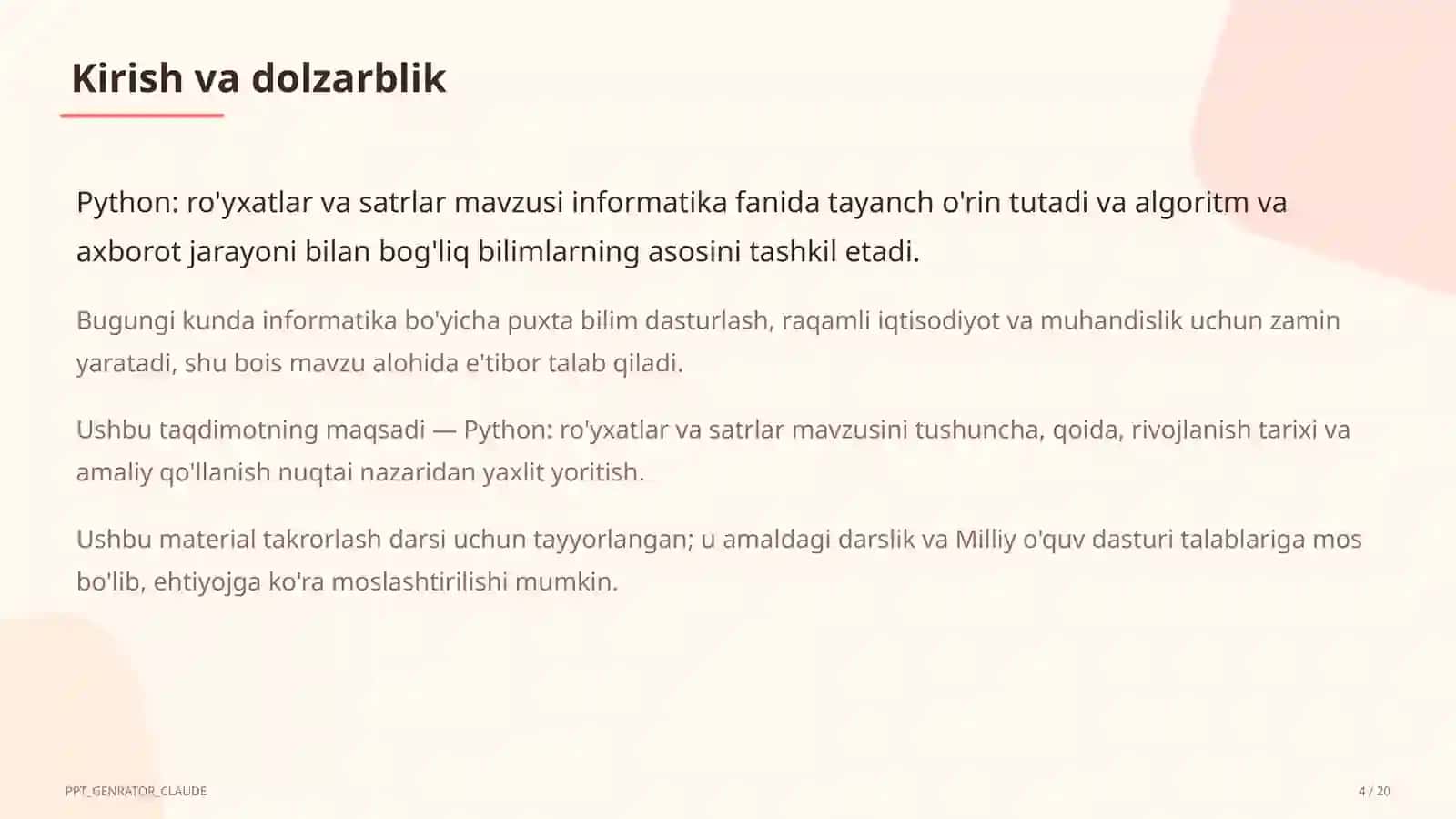 Python: ro'yxatlar va satrlar (9-sinf) 4