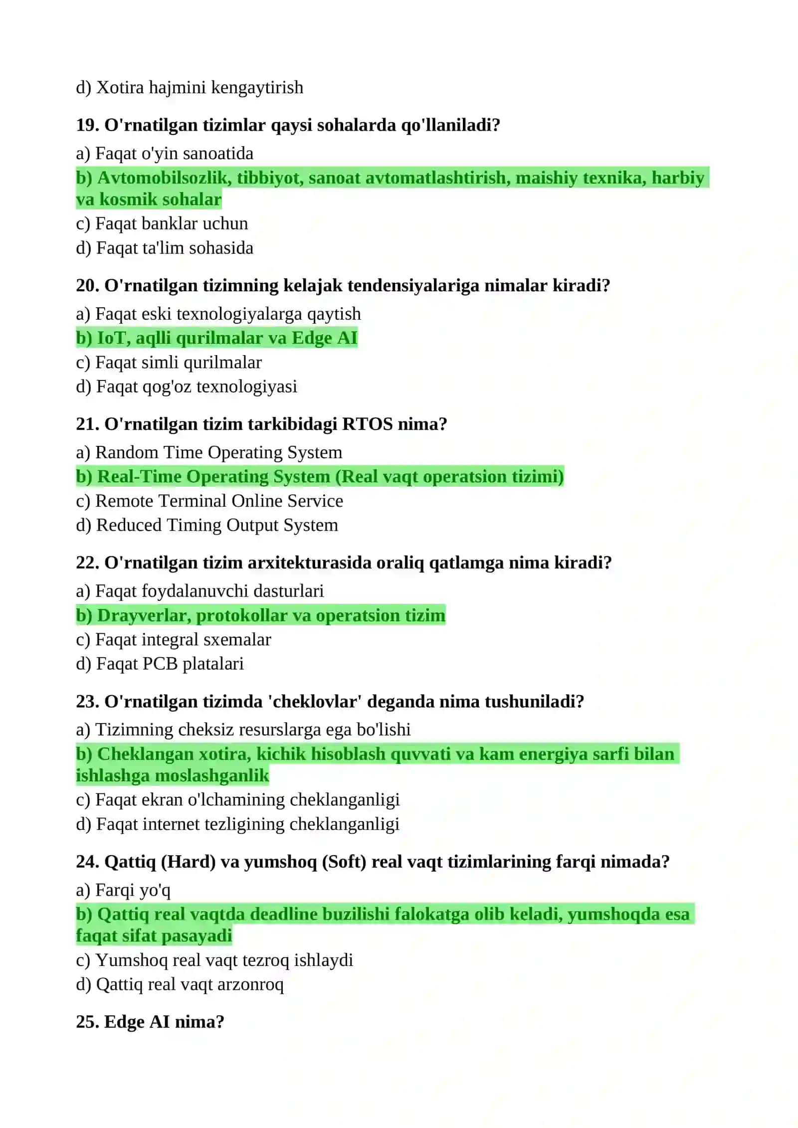 O'rnatilgan tizimlar fanidan testlar 4