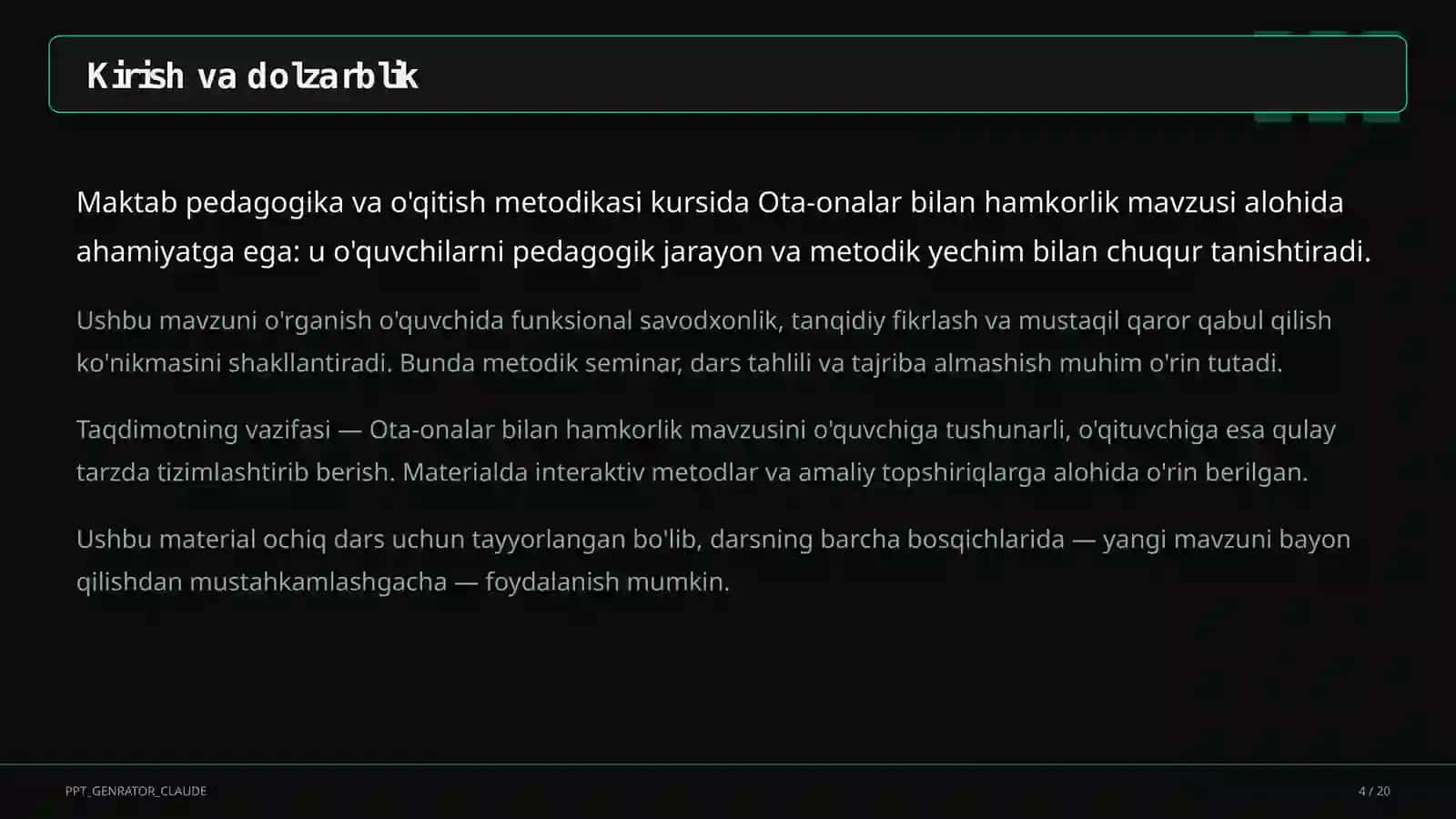 O'qituvchilar uchun: pedagogika va o'qitish metodikasi — ochiq dars uchun 4