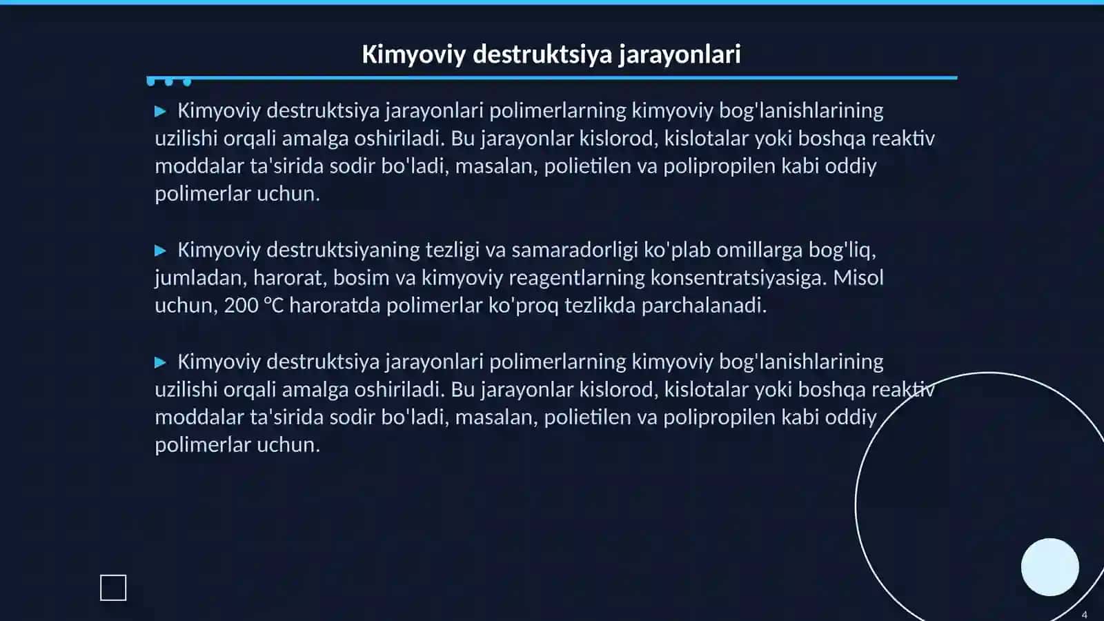 Pоlimеr mоddаlаrining dеstruktsiyasi: kimyoviy dеstruktsiya, tеrmik dеstruktsiya 4