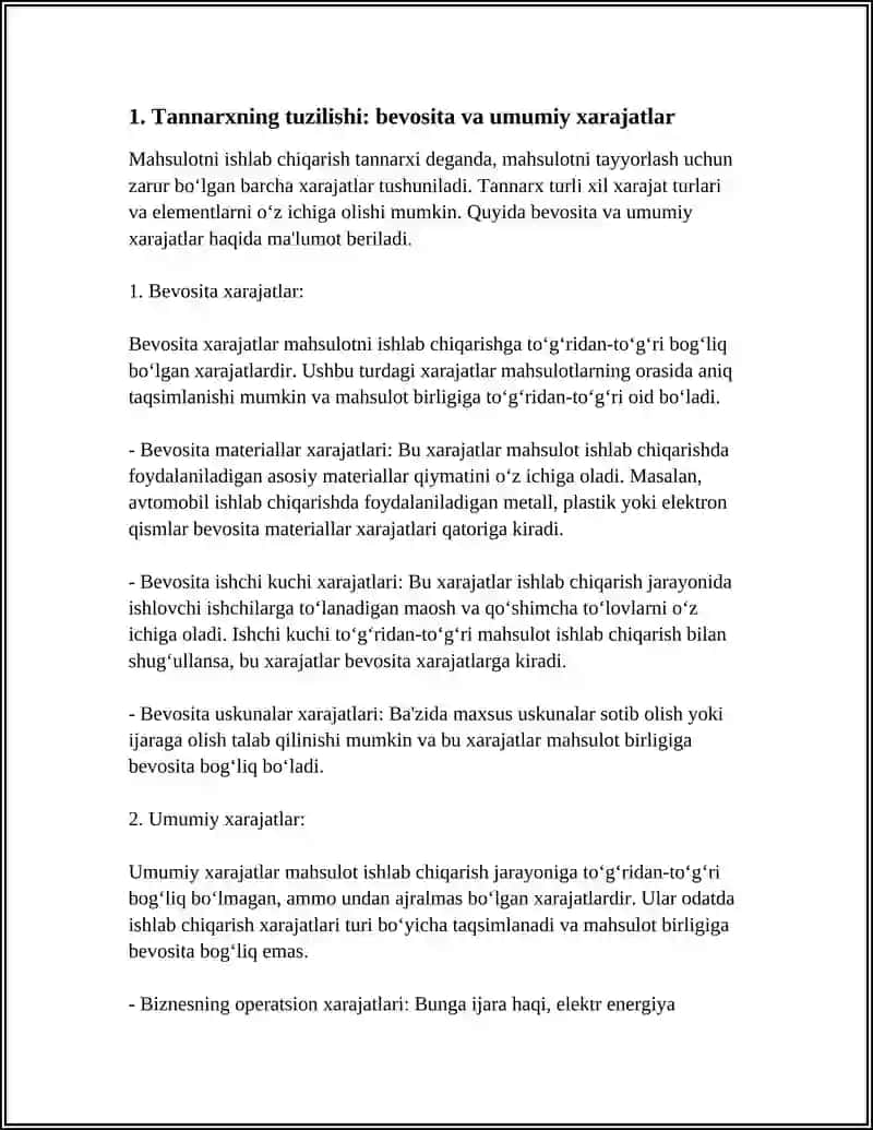 MAHSULOTNI ISHLAB CHIQARISH XARAJATLARI ( TANNARX) 4