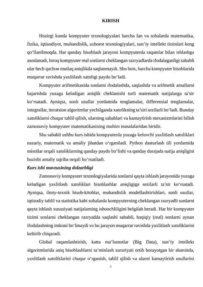 Zamonaviy kompyuterlarda yaxlitlash xatoligi tahlili KURS ISHI 4