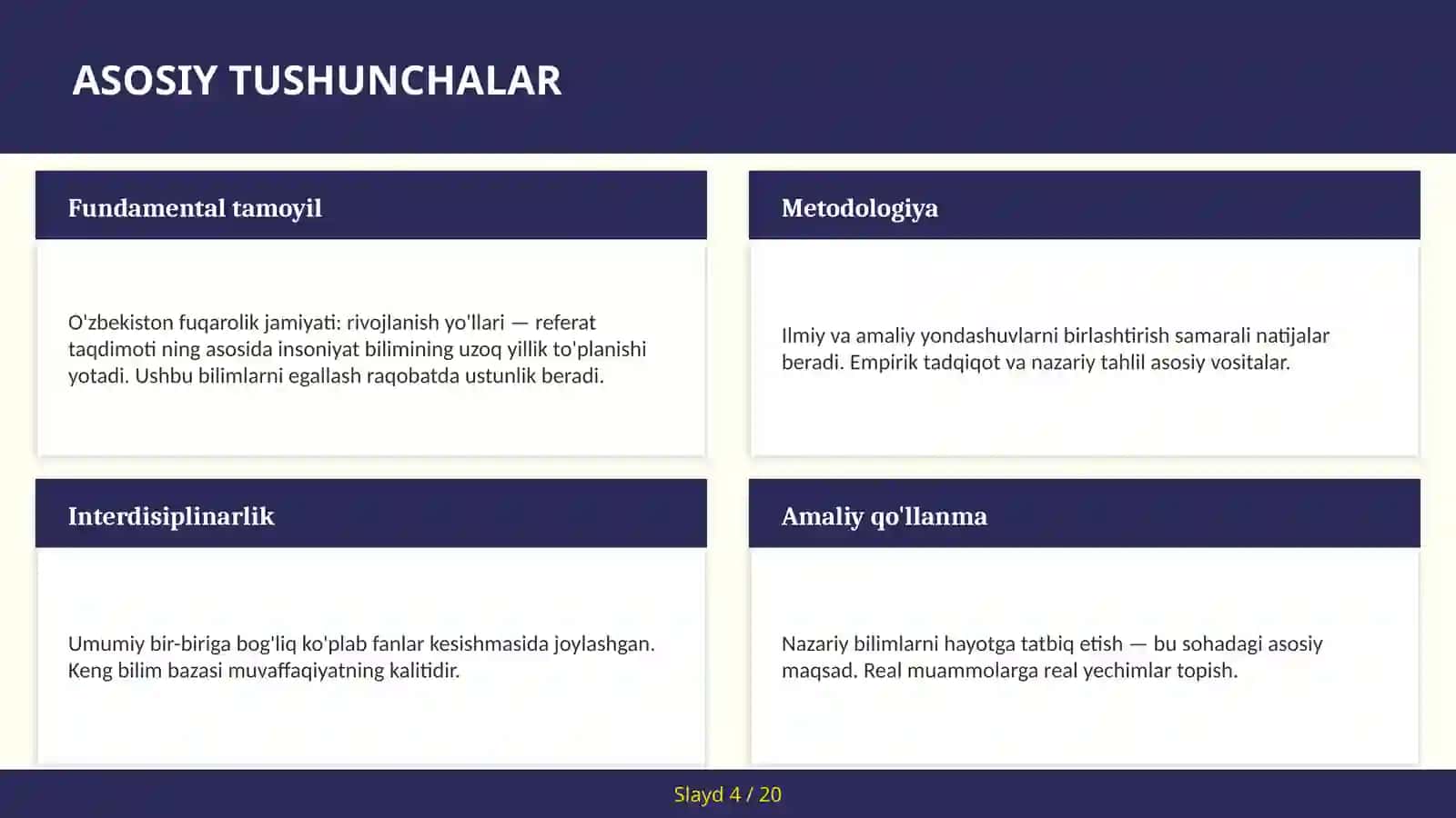 O'ZBEKISTON FUQAROLIK JAMIYATI: RIVOJLANISH YO'LLARI — REFERAT TAQDIMOTI 4