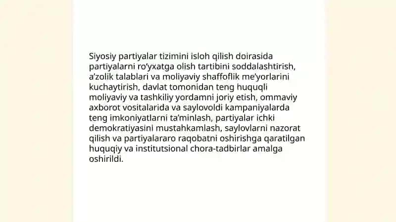 Oʻzbekistonda Demokratik,fuqorolik jamiyati asoslarining shakllanishi amalga oshirilgan siyosiy Islohatlar 4