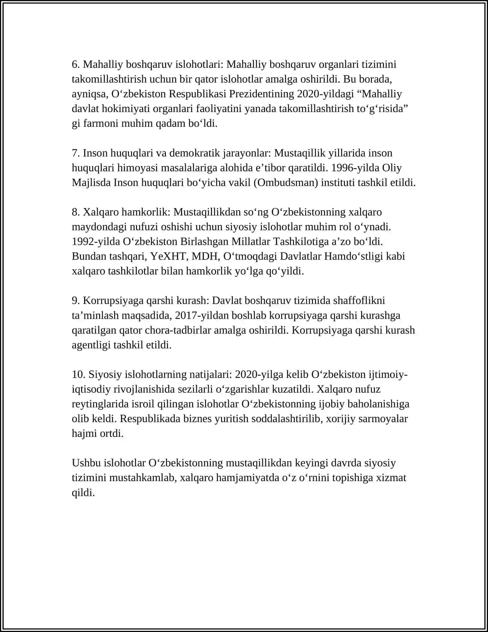 О‘ZBEKISTОNDА DЕMОKRАTIK, FUQАRОLIK JАMIYАTI АSОSLАRINING SHАKLLАNISHI, АMАLGА ОSHIRILGАN SIYОSIY ISLОHОTLАR 4