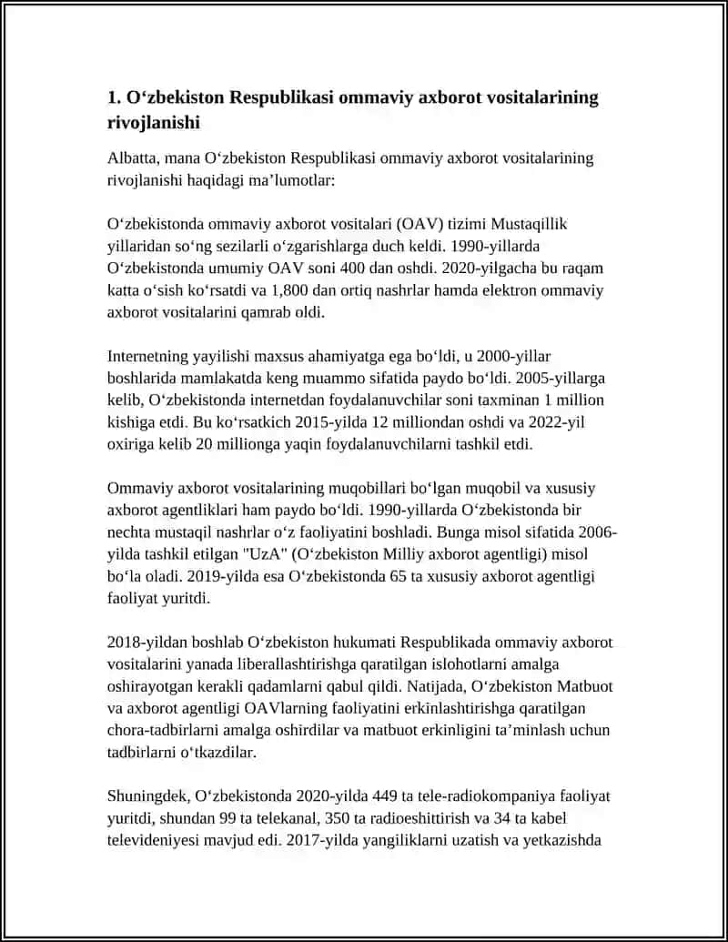 O'ZBEKISTON RESPUBLIKASIDA OMMAVIY AXBOROT VOSITALARINING FAOLIYATI 4