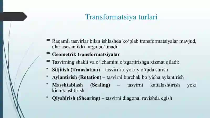 RAQAMLI TASVIRLARNI TRANSFORMATSIYALASH 4