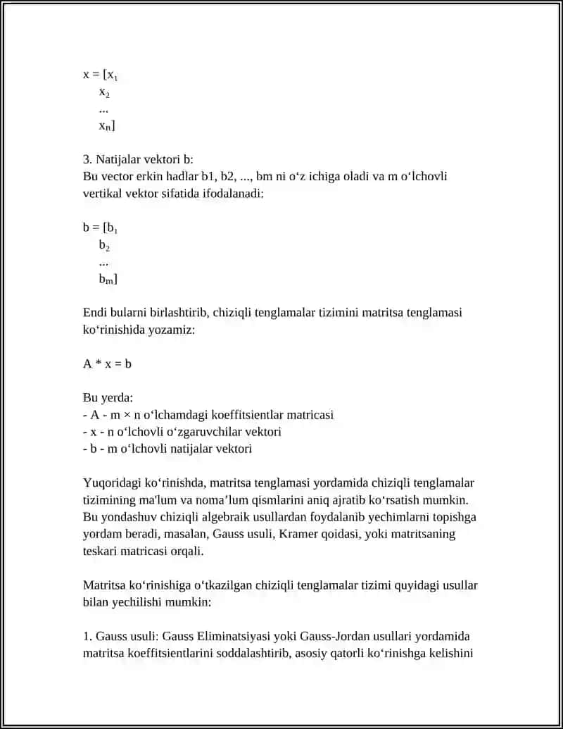 CHIZIQLI TЕNGLAMALAR SISTЕMASINI MATRITSALAR VA DЕTЕRMINANTLAR YORDAMIDA YECHISH 4